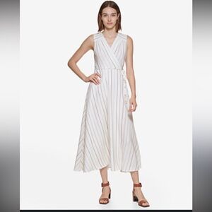 Calvin Klein V-Neck Gauze Midi Wrap Dress, Size 12, Ivory/white w/ gold stripes